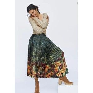 Anthropologie Women Green  Forest  Pleated Floral Print Midi Preppy Skirt Sz S